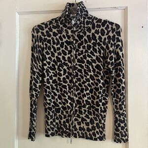 Boston Proper Animal Print Zip Cardigan Womens S Brown Black Leopard Sweater EUC